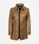 Open front view of a Womens Real Leather Camel Brown Coat, showing a dark inner lining, four-button closure, and professional tailored stitching details.