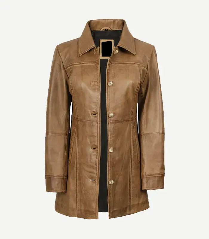 womens-real-leather-camel-brown-coat Open front view of a Womens Real Leather Camel Brown Coat, showing a dark inner lining, four-button closure, and professional tailored stitching details.