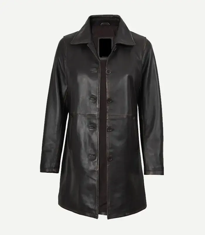 womens-real-leather-distressed-brown-coat Open front view of a Womens Real Leather Distressed Brown Coat It reveals a dark inner lining, classic lapels, and detailed panel stitching.