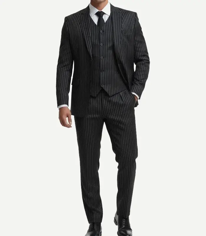 Front view of a man modeling a black three-piece pinstripe suit with a matching buttoned vest, white dress shirt, and a black tie.