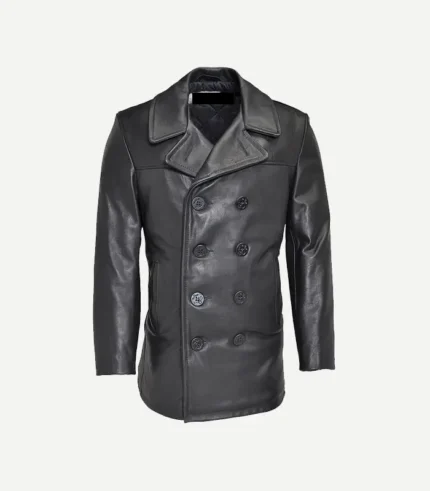 Mens Black Leather Peacoat