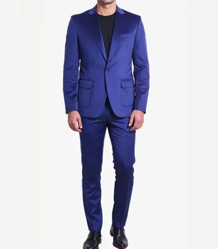 Full front view of a single-breasted royal blue velvet tuxedo set featuring a one-button closure and classic pocket details.