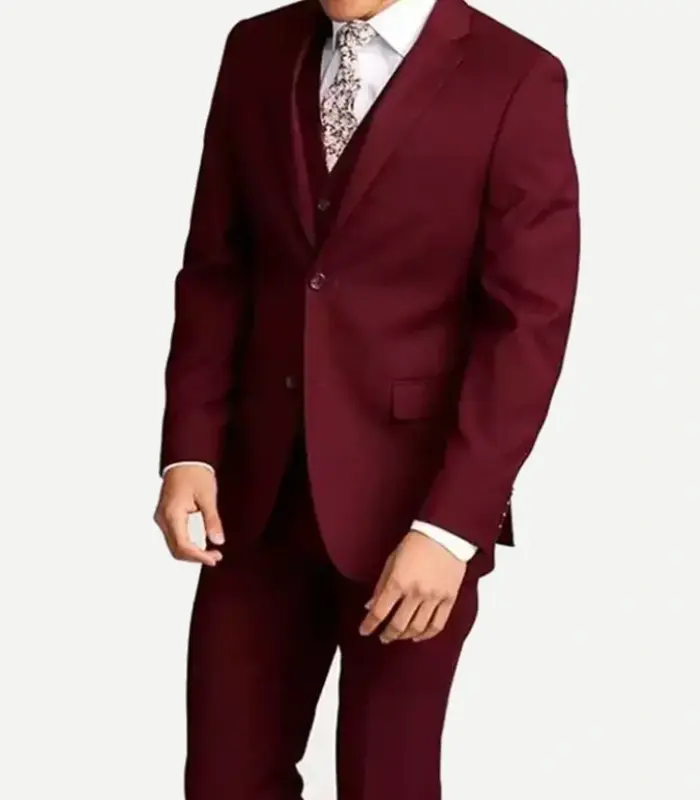 A mid-section front product shot of a man wearing a slim-fit maroon three-piece suit, showing the matching two-button jacket, tailored vest, and flat-front formal trousers.