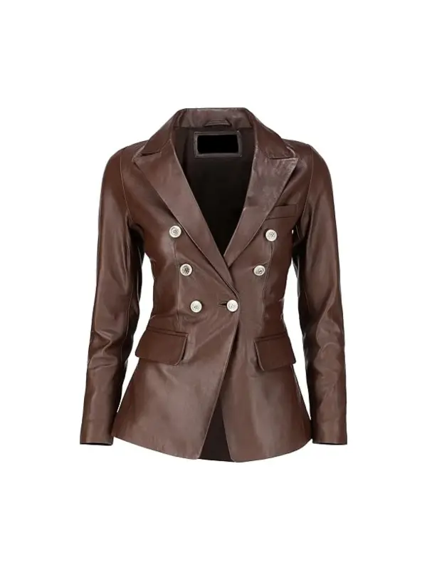 womens-double-breasted-leather-blazer-dark-brown.webp Womens Double Breasted Fancy Dark Brown Leather Blazer - Image 1