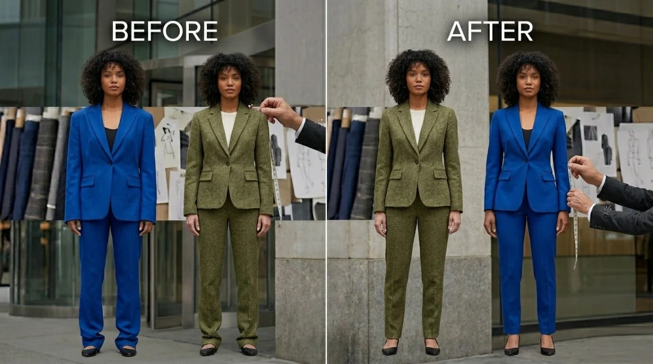 A before-and-after infographic demonstrating tailoring alterations on women's pantsuits, showing loose, pooling fabric in the before section and crisply fitted, properly hemmed silhouettes in the after section.