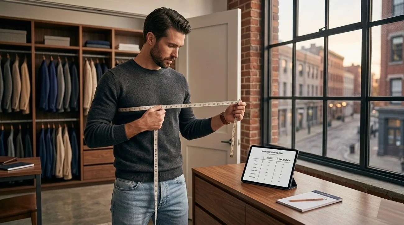 A man in a charcoal sweater measuring his chest with a soft tape measure at home, looking down at an iPad displaying the AmericanSuiting.com size chart.