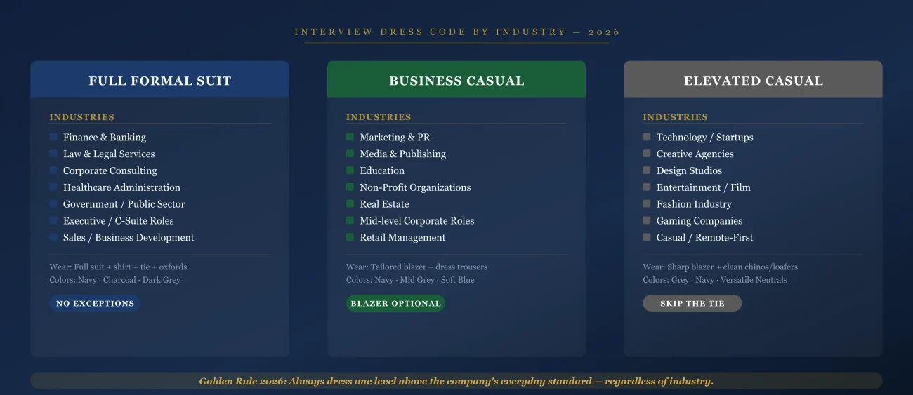 Interview Dress Code by Industry Chart Comparing Full Formal Suit Business Casual and Elevated Casual Guidelines - American Suiting
