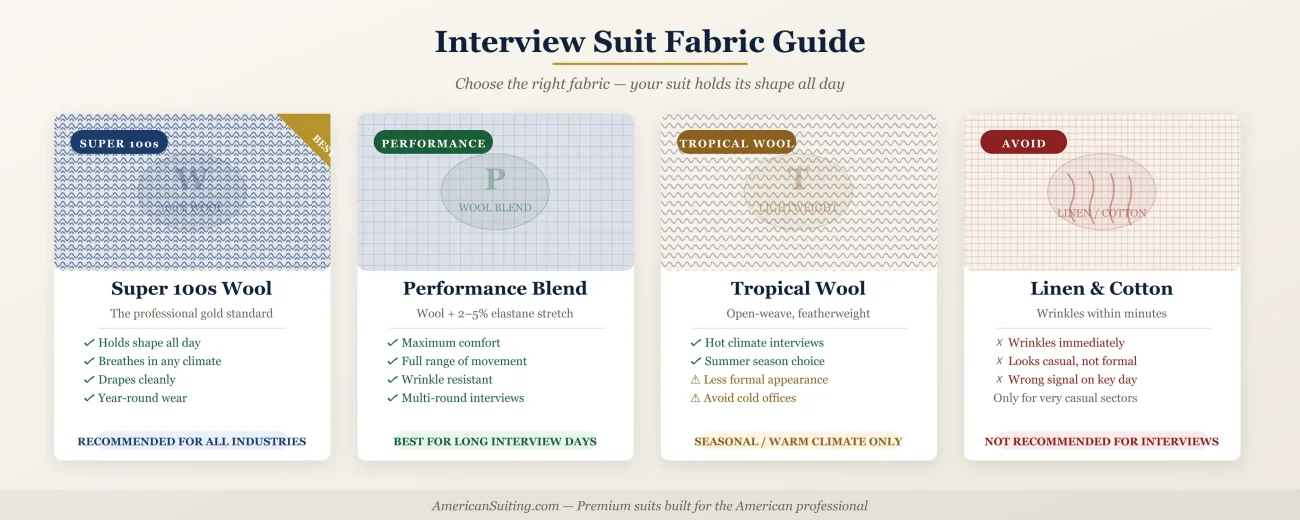 Interview Suit Fabric Guide Comparison Chart for Super 120s Wool Performance Blend Tropical Wool and Linen Cotton - American Suiting