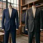 Two men's tailored suits displayed side-by-side on dress forms inside a luxury closet studio, comparing a slim navy blue modern fit suit with a traditional charcoal grey classic fit suit.