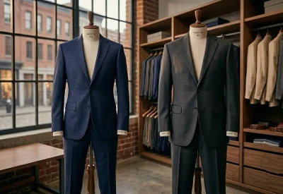 Two men's tailored suits displayed side-by-side on dress forms inside a luxury closet studio, comparing a slim navy blue modern fit suit with a traditional charcoal grey classic fit suit.