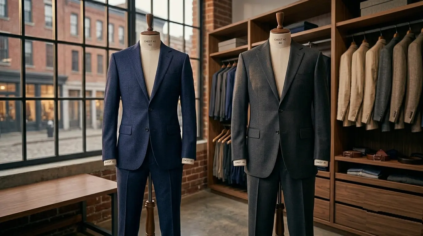 Two men's tailored suits displayed side-by-side on dress forms inside a luxury closet studio, comparing a slim navy blue modern fit suit with a traditional charcoal grey classic fit suit.