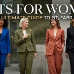Suits For Women" featuring four women walking outdoors in different styles of tailored pantsuits, including classic, textured, relaxed, and asymmetric designs.