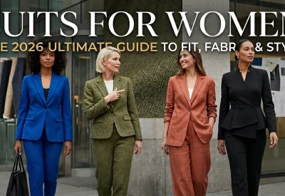 Suits For Women" featuring four women walking outdoors in different styles of tailored pantsuits, including classic, textured, relaxed, and asymmetric designs.
