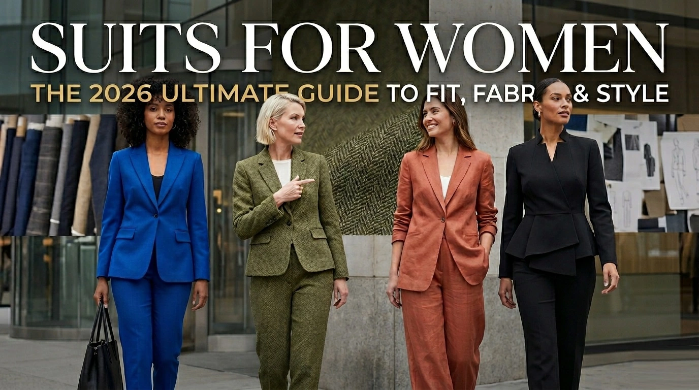Suits For Women" featuring four women walking outdoors in different styles of tailored pantsuits, including classic, textured, relaxed, and asymmetric designs.
