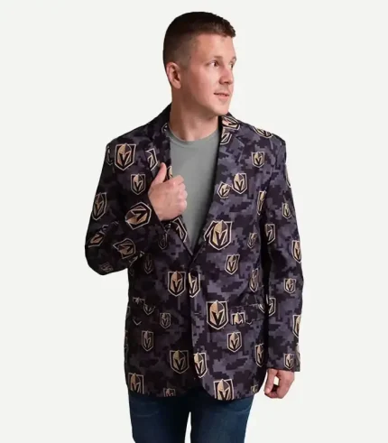 Shop The Vegas Golden Knights Digital Camo Blazer Suit Jacket featuring an all-over team logo print with a stylish black camo design.