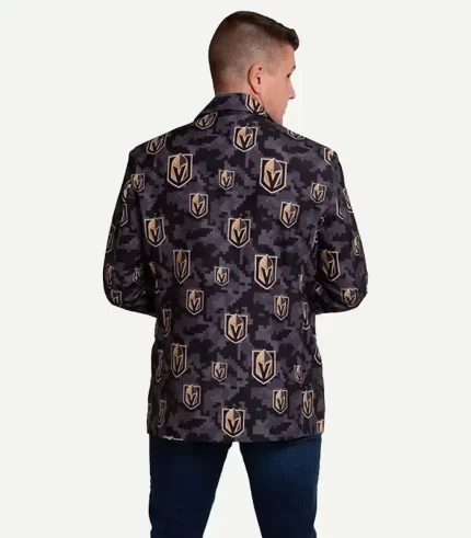 Back view of the Vegas Golden Knights Digital Camo Blazer Suit Jacket with all-over team logo print and black camouflage pattern.