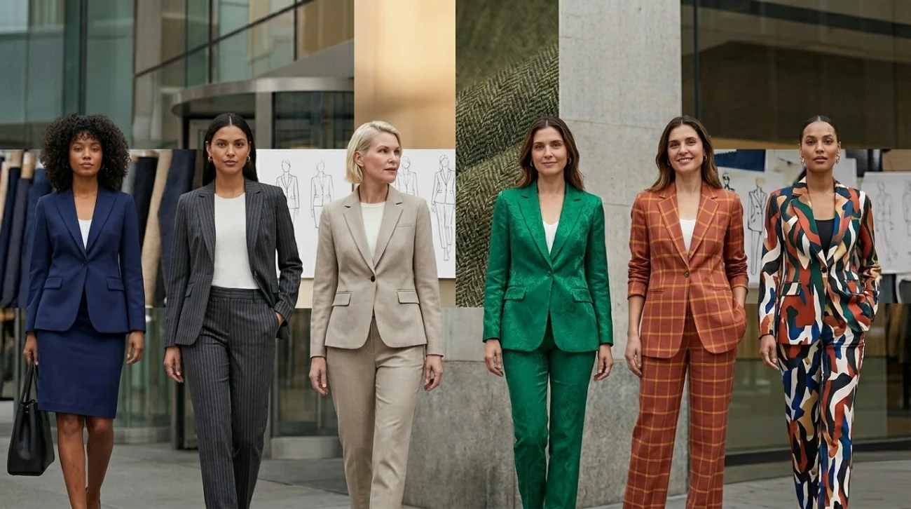 A horizontal banner displaying six women standing in a row outdoors, each wearing a different style of women's professional tailoring, including a skirt suit, pinstripe suit, neutral pantsuit, textured green suit, plaid suit, and a multi-colored abstract print suit.