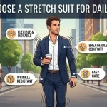 An infographic banner titled "Why Choose a Stretch Suit for Daily Wear?" featuring a man walking on a city street with callouts highlighting benefits like flexible and movable, breathable comfort, wrinkle resistant, and easy care.
