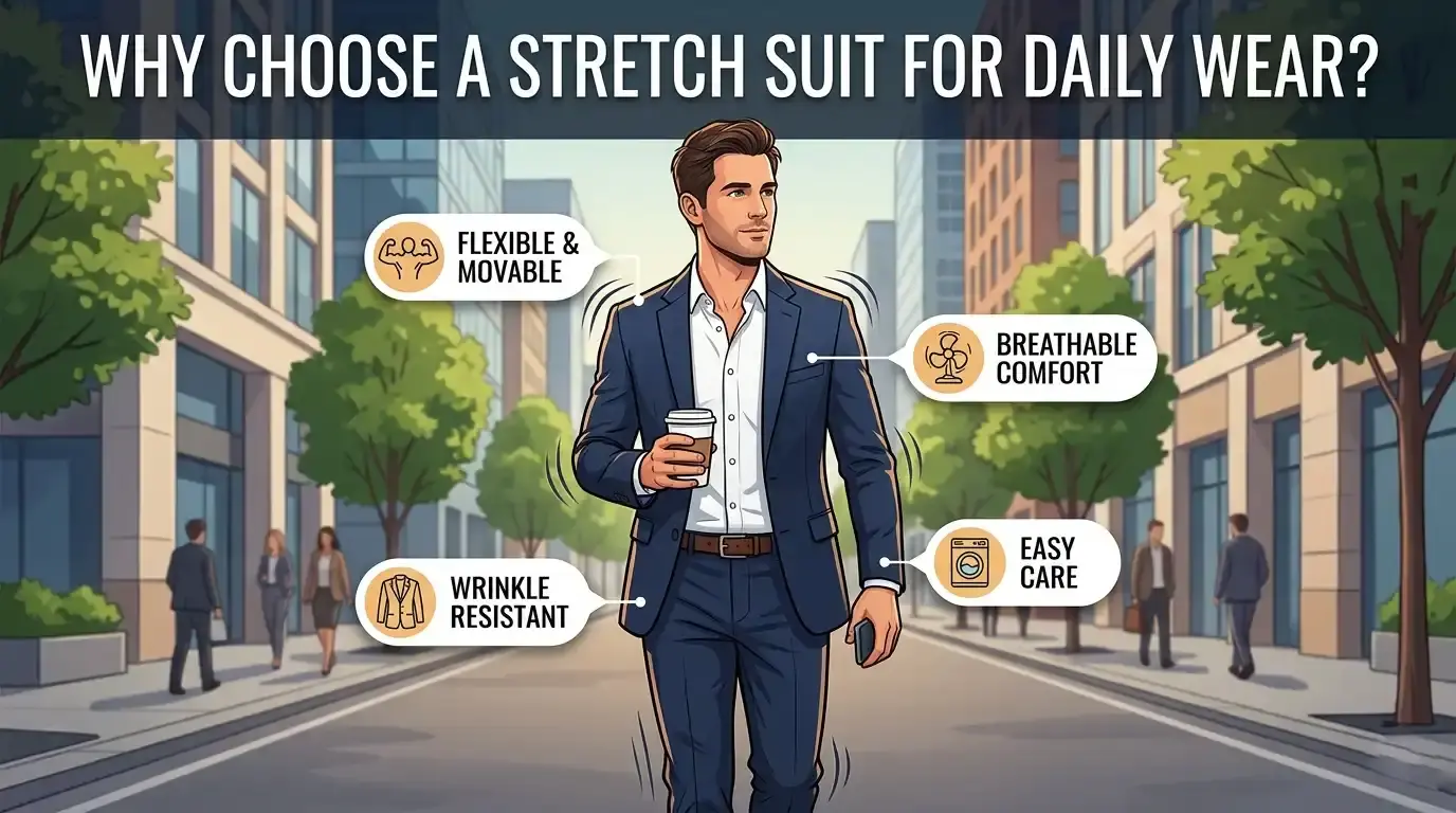 An infographic banner titled "Why Choose a Stretch Suit for Daily Wear?" featuring a man walking on a city street with callouts highlighting benefits like flexible and movable, breathable comfort, wrinkle resistant, and easy care.