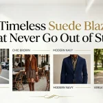 Editorial style guide banner for premium suede outerwear, showcasing various outfit combinations including camel blazers, brown jackets, navy blazers, and olive green jackets.