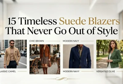 Editorial style guide banner for premium suede outerwear, showcasing various outfit combinations including camel blazers, brown jackets, navy blazers, and olive green jackets.