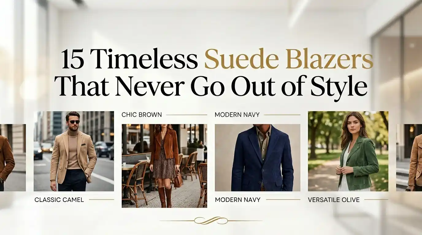 Editorial style guide banner for premium suede outerwear, showcasing various outfit combinations including camel blazers, brown jackets, navy blazers, and olive green jackets.