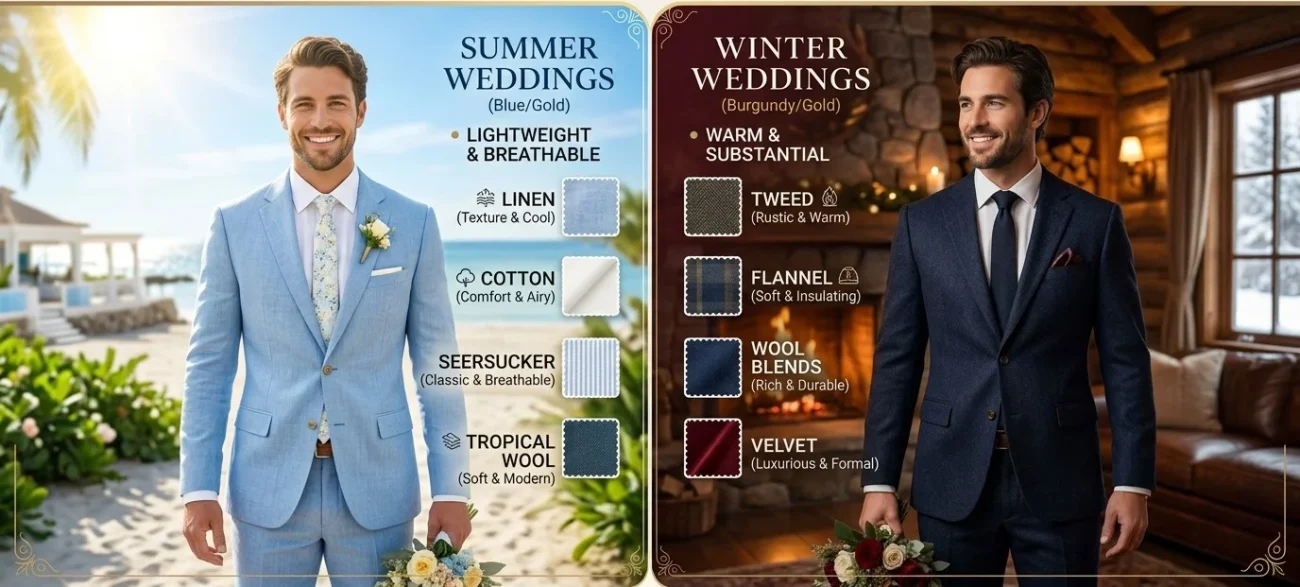 An infographic comparing seasonal suit choices, featuring a man in a light blue summer suit on a sunny beach and a man in a dark navy winter suit by a warm indoor fireplace, complete with fabric swatches.