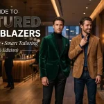 the 2026 edition guide to textured men's blazers, showcasing models in emerald green velvet, tan suede, and textured gray smart-tailored jackets at an upscale lounge.