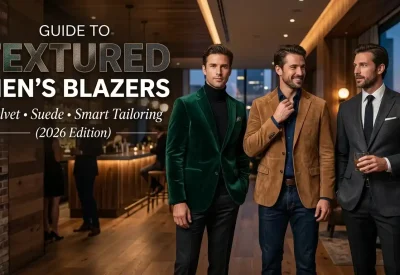 the 2026 edition guide to textured men's blazers, showcasing models in emerald green velvet, tan suede, and textured gray smart-tailored jackets at an upscale lounge.