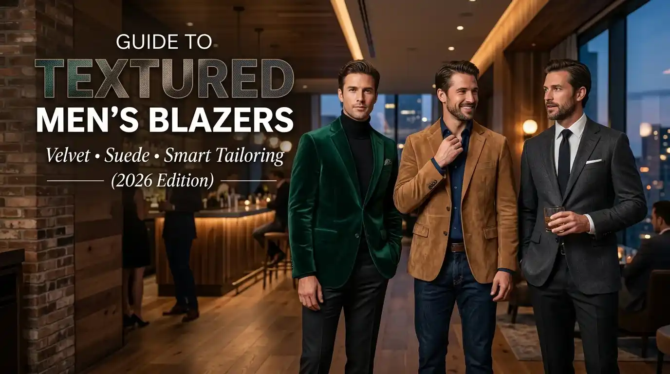 the 2026 edition guide to textured men's blazers, showcasing models in emerald green velvet, tan suede, and textured gray smart-tailored jackets at an upscale lounge.