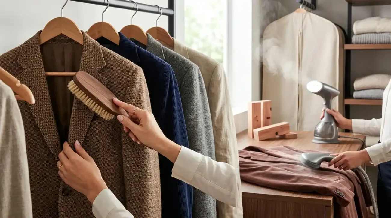 Close-up of a person using a wooden garment brush on a brown tweed blazer, with another person steaming a jacket in the background.