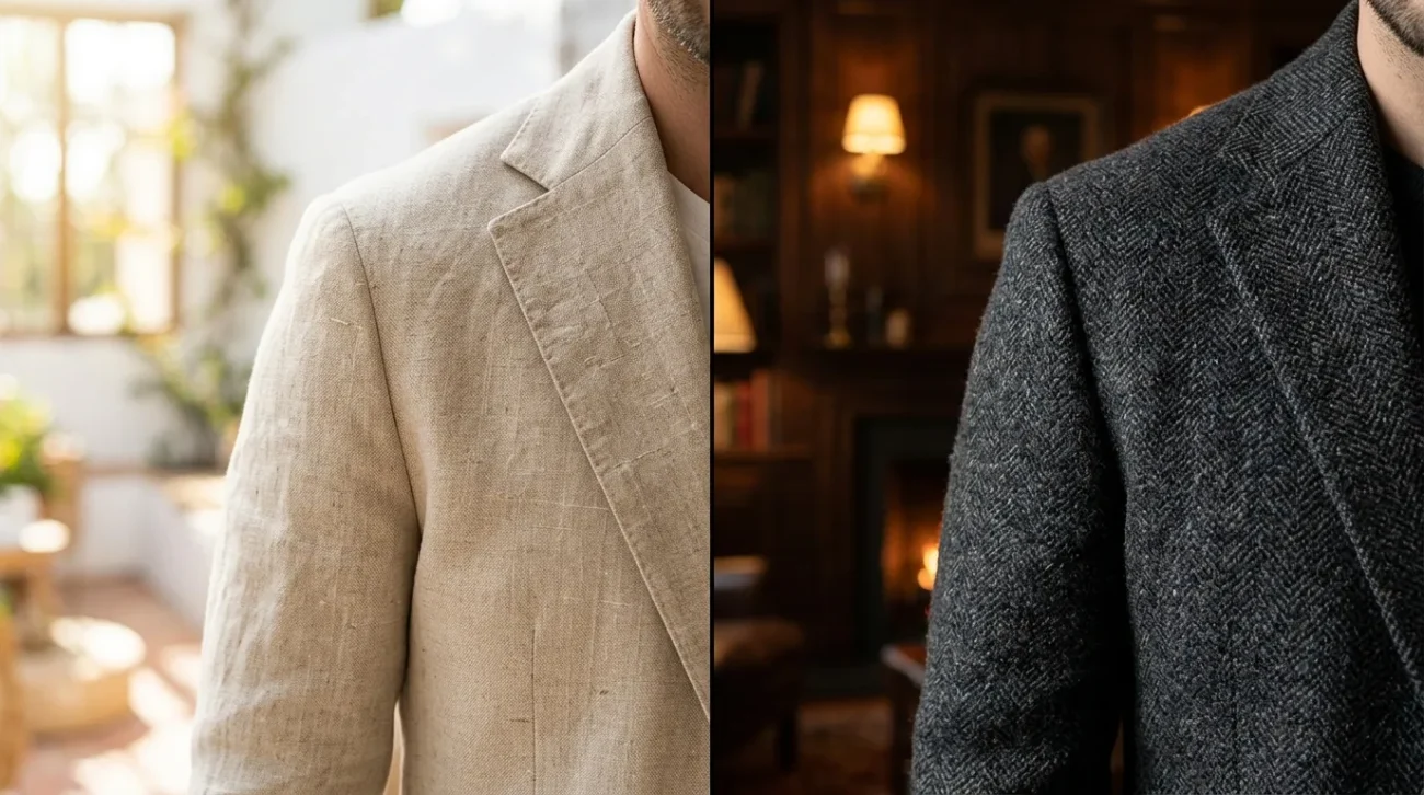 A split-screen image showing a close-up comparison of two jacket shoulders, with a light beige linen suit jacket on the left and a textured dark grey tweed or wool jacket on the right.