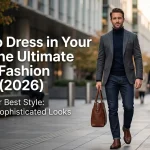A styled banner image featuring a well-dressed man in his 30s walking down a modern city sidewalk, showcasing smart-casual fashion with text overlay reading "How to Dress in Your 30s: The Ultimate Men's Fashion Guide (2026)".