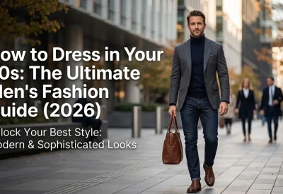 A styled banner image featuring a well-dressed man in his 30s walking down a modern city sidewalk, showcasing smart-casual fashion with text overlay reading "How to Dress in Your 30s: The Ultimate Men's Fashion Guide (2026)".