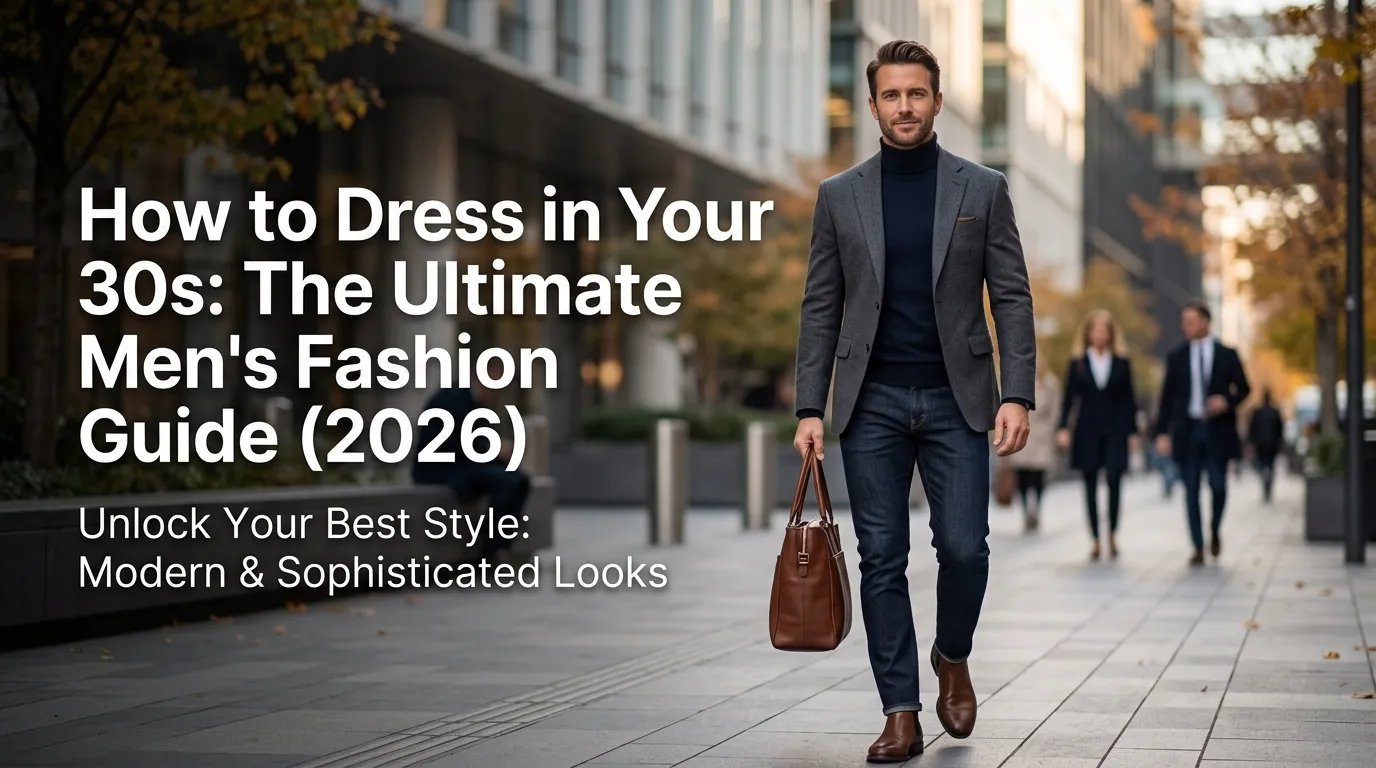 A styled banner image featuring a well-dressed man in his 30s walking down a modern city sidewalk, showcasing smart-casual fashion with text overlay reading "How to Dress in Your 30s: The Ultimate Men's Fashion Guide (2026)".