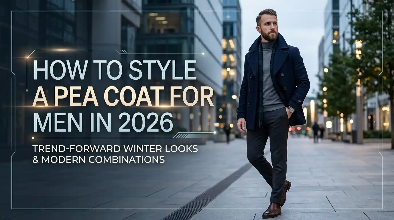 Banner for a men's style guide showing a man walking through a modern city plaza wearing a structured navy blue wool pea coat layered over a grey turtleneck.