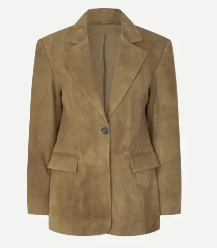 Symmetrical front view of a women's fitted tan suede blazer featuring clean notch lapels, a single central button closure, and dual hip flap pockets.