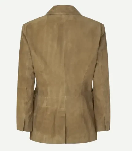 Symmetrical rear view of the women's fitted tan suede blazer highlighting the tailored panel stitching and classic center back vent.