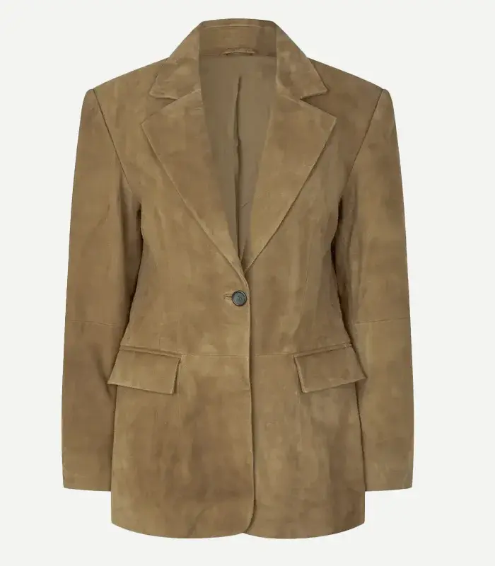 Ladies Fitted Suede Blazer Symmetrical front view of a women's fitted tan suede blazer featuring clean notch lapels, a single central button closure, and dual hip flap pockets.