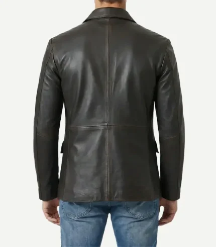 Back view of the tailored dark brown leather blazer, showcasing the seamless premium leather panels, reinforced center back seam, and structured shoulders.