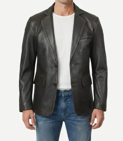 Model showcasing the front view of a premium Mens Dark Brown Rub Off Leather Blazer styled over a casual white t-shirt and blue jeans.