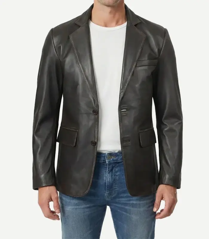 Men’s Rub-Off Dark Brown Leather Blazer Front Model showcasing the front view of a premium Mens Dark Brown Rub Off Leather Blazer styled over a casual white t-shirt and blue jeans.