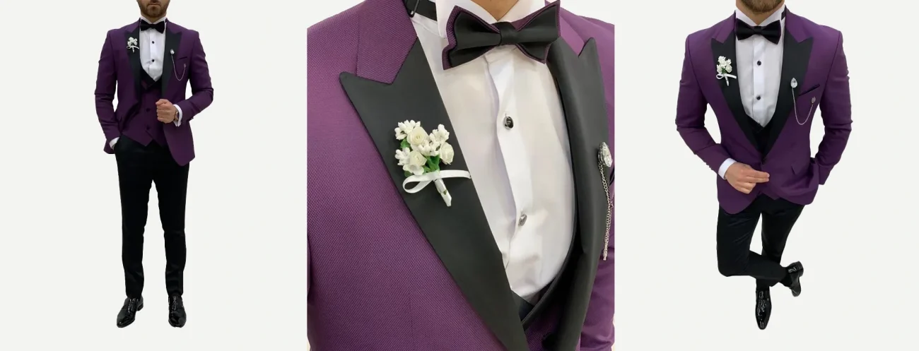 Men's slim fit purple tuxedo with black peak lapels, a matching purple vest, black trousers, and a black bow tie.