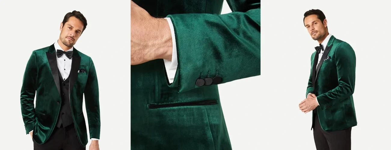 Men's slim fit emerald green velvet tuxedo jacket featuring black satin peak lapels, styled with a black vest, black bow tie, and black trousers.