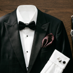 A flat lay presentation of a classic men's black tuxedo jacket with satin peak lapels, a crisp white dress shirt, black bow tie, a burgundy patterned pocket square, silver and black cufflinks, a leather strap watch, and a black leather wallet on a dark wooden background.