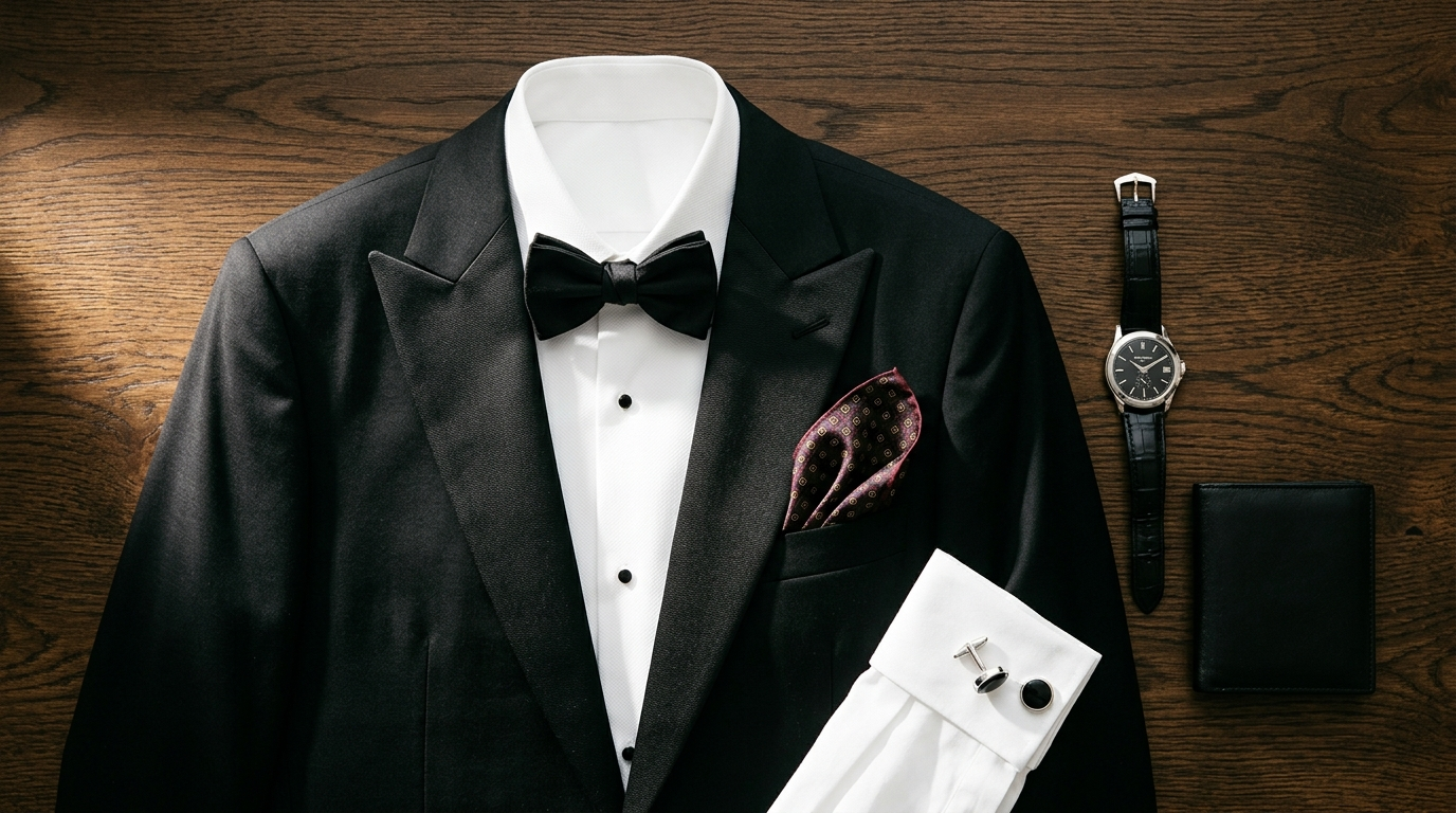 A flat lay presentation of a classic men's black tuxedo jacket with satin peak lapels, a crisp white dress shirt, black bow tie, a burgundy patterned pocket square, silver and black cufflinks, a leather strap watch, and a black leather wallet on a dark wooden background.