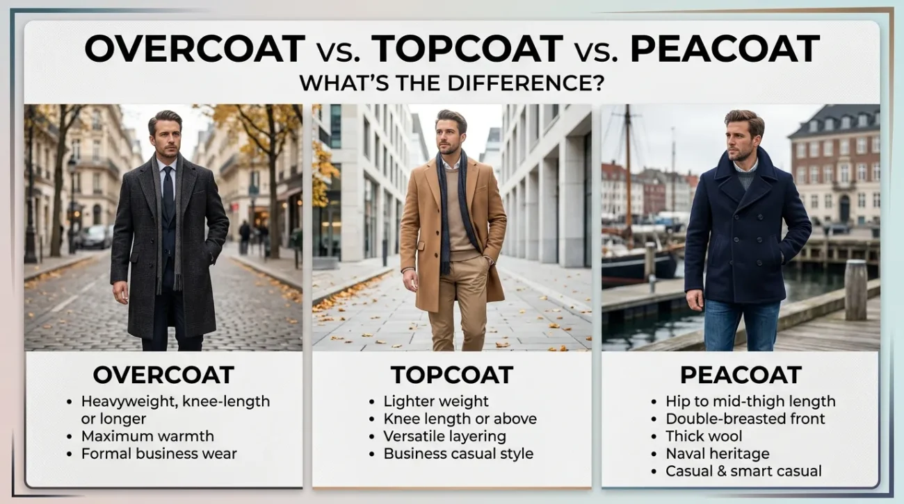 Comparison infographic breaking down the differences between an overcoat, topcoat, and peacoat with fabric weights, lengths, and style tips for each.