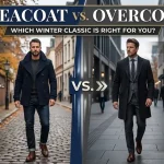 A side-by-side graphical infographic comparing two men's winter coat styles on an urban street. The left section, titled 'PEACOAT' with an anchor icon, displays a man wearing a dark, double-breasted navy peacoat (hip-length, nautical casual, tailored, with a broad collar). Text points highlight it as best for layered outfits and daily wear. The right section, titled 'OVERCOAT' with a hat icon, shows a man wearing a structured, charcoal grey overcoat (thigh-to-knee length, formal sophisticated, structured, covers a suit, with lapels and a versatile closure). Text points detail it as best for business wear and formal events. The full image title, 'PEACOAT vs. OVERCOAT: THE ULTIMATE MEN'S WINTER COAT COMPARISON (2026)', is rendered in polished gold and deep blue text across a central banner. A central 'VS.' divider splits the scene. Reference file: Peacoat vs. Overcoat The Ultimate Men's Winter Coat Comparison