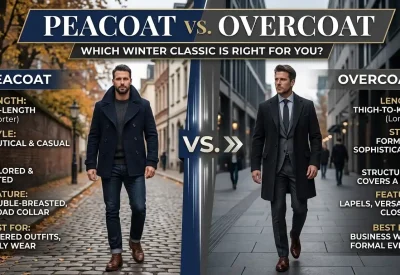 A side-by-side graphical infographic comparing two men's winter coat styles on an urban street. The left section, titled 'PEACOAT' with an anchor icon, displays a man wearing a dark, double-breasted navy peacoat (hip-length, nautical casual, tailored, with a broad collar). Text points highlight it as best for layered outfits and daily wear. The right section, titled 'OVERCOAT' with a hat icon, shows a man wearing a structured, charcoal grey overcoat (thigh-to-knee length, formal sophisticated, structured, covers a suit, with lapels and a versatile closure). Text points detail it as best for business wear and formal events. The full image title, 'PEACOAT vs. OVERCOAT: THE ULTIMATE MEN'S WINTER COAT COMPARISON (2026)', is rendered in polished gold and deep blue text across a central banner. A central 'VS.' divider splits the scene. Reference file: Peacoat vs. Overcoat The Ultimate Men's Winter Coat Comparison