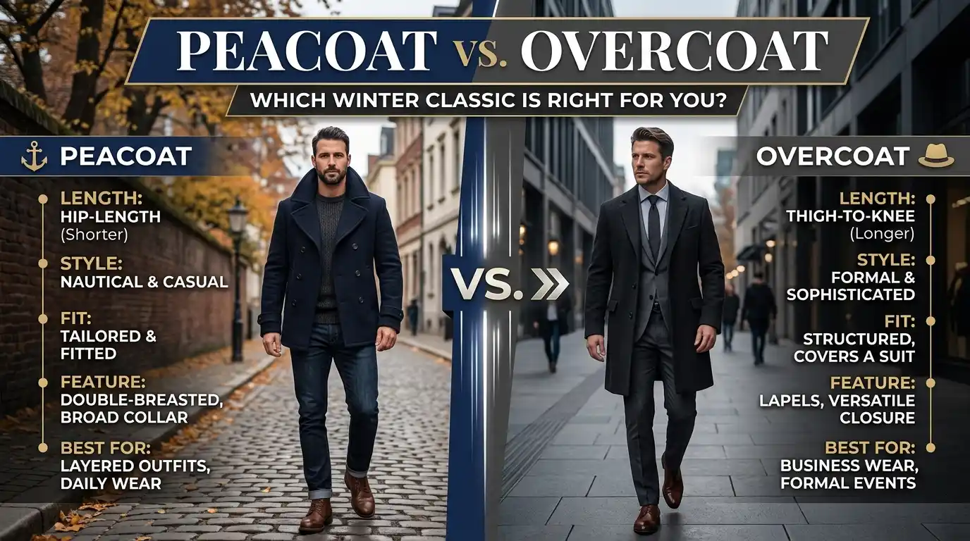 A side-by-side graphical infographic comparing two men's winter coat styles on an urban street. The left section, titled 'PEACOAT' with an anchor icon, displays a man wearing a dark, double-breasted navy peacoat (hip-length, nautical casual, tailored, with a broad collar). Text points highlight it as best for layered outfits and daily wear. The right section, titled 'OVERCOAT' with a hat icon, shows a man wearing a structured, charcoal grey overcoat (thigh-to-knee length, formal sophisticated, structured, covers a suit, with lapels and a versatile closure). Text points detail it as best for business wear and formal events. The full image title, 'PEACOAT vs. OVERCOAT: THE ULTIMATE MEN'S WINTER COAT COMPARISON (2026)', is rendered in polished gold and deep blue text across a central banner. A central 'VS.' divider splits the scene. Reference file: Peacoat vs. Overcoat The Ultimate Men's Winter Coat Comparison